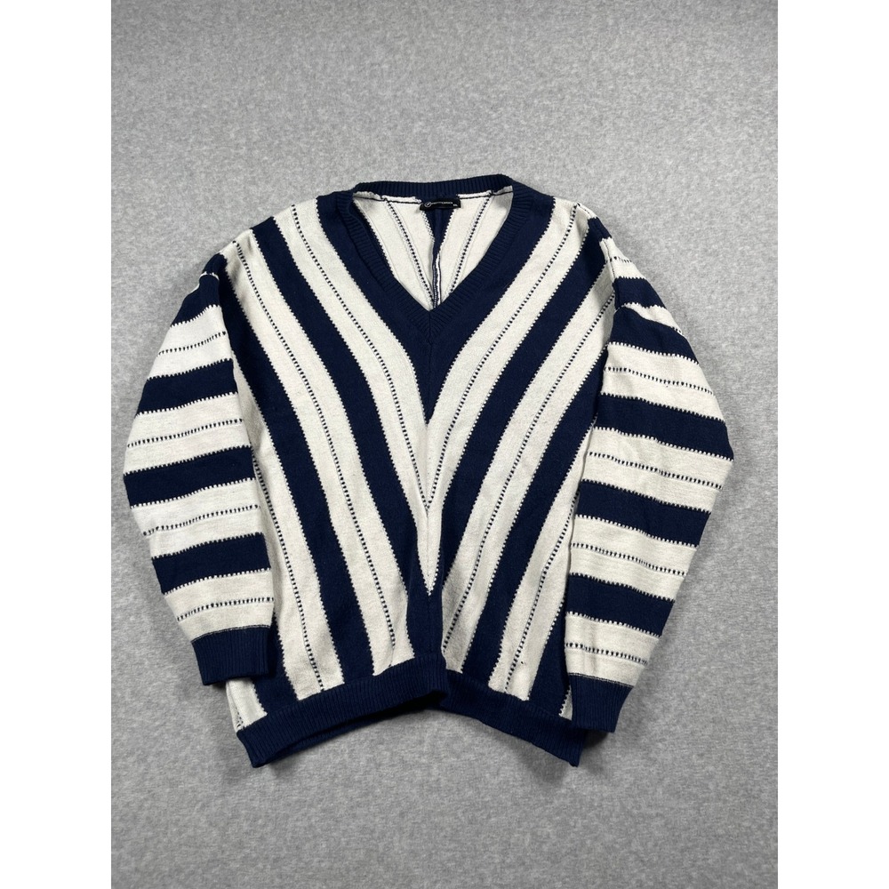 V Neck Sweater Mens XXL Navy White Striped Eclectic Grandpa Light Academia